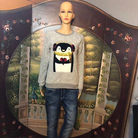 Holiday Grey L/S Penguin Sweater-S - Picture 2 of 4